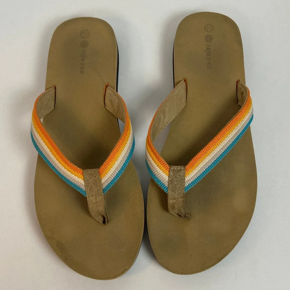 Raya Sun Mens Flip Flop Sandals Tan Multi Color Striped Straps Size 11 Thong